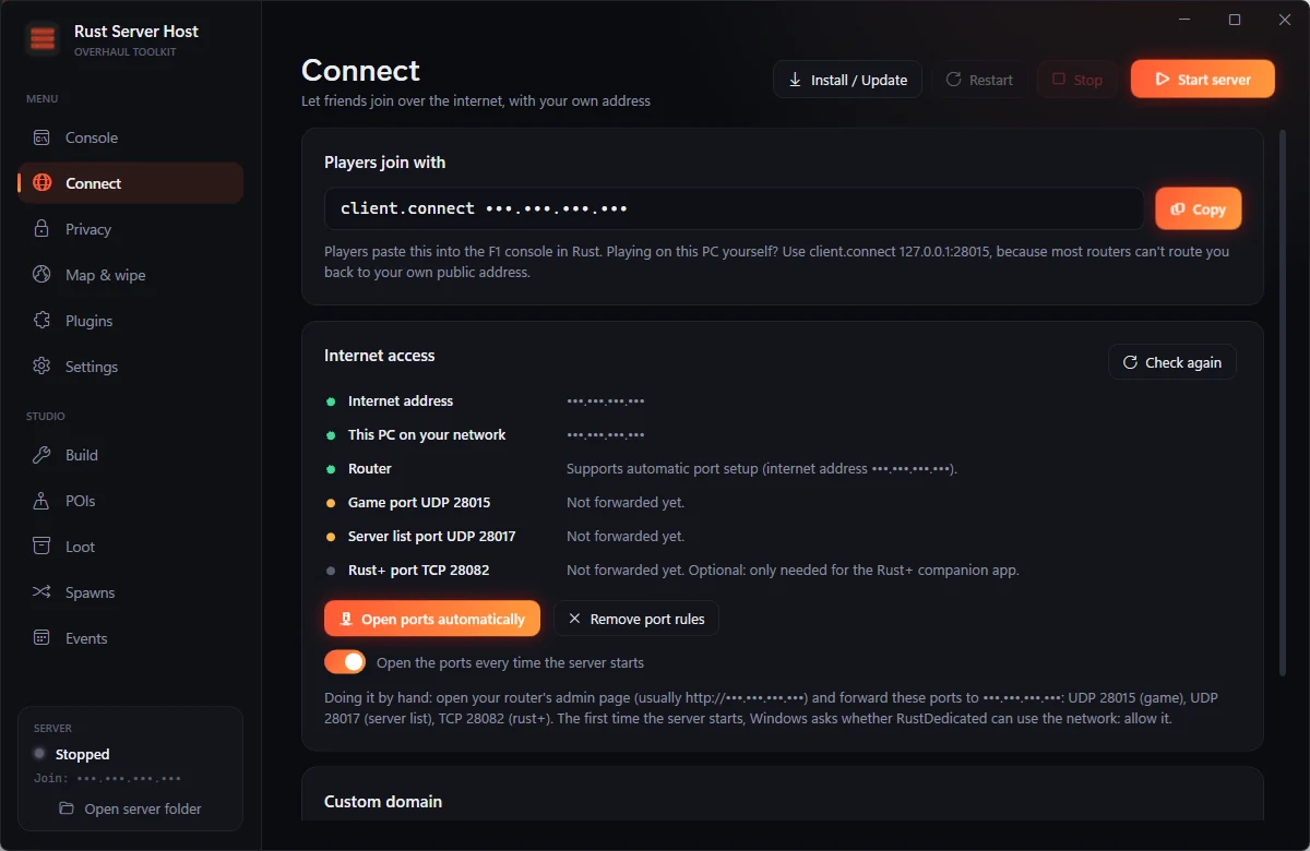 The Connect page showing the join command, router and port checks, with addresses hidden by streamer mode.