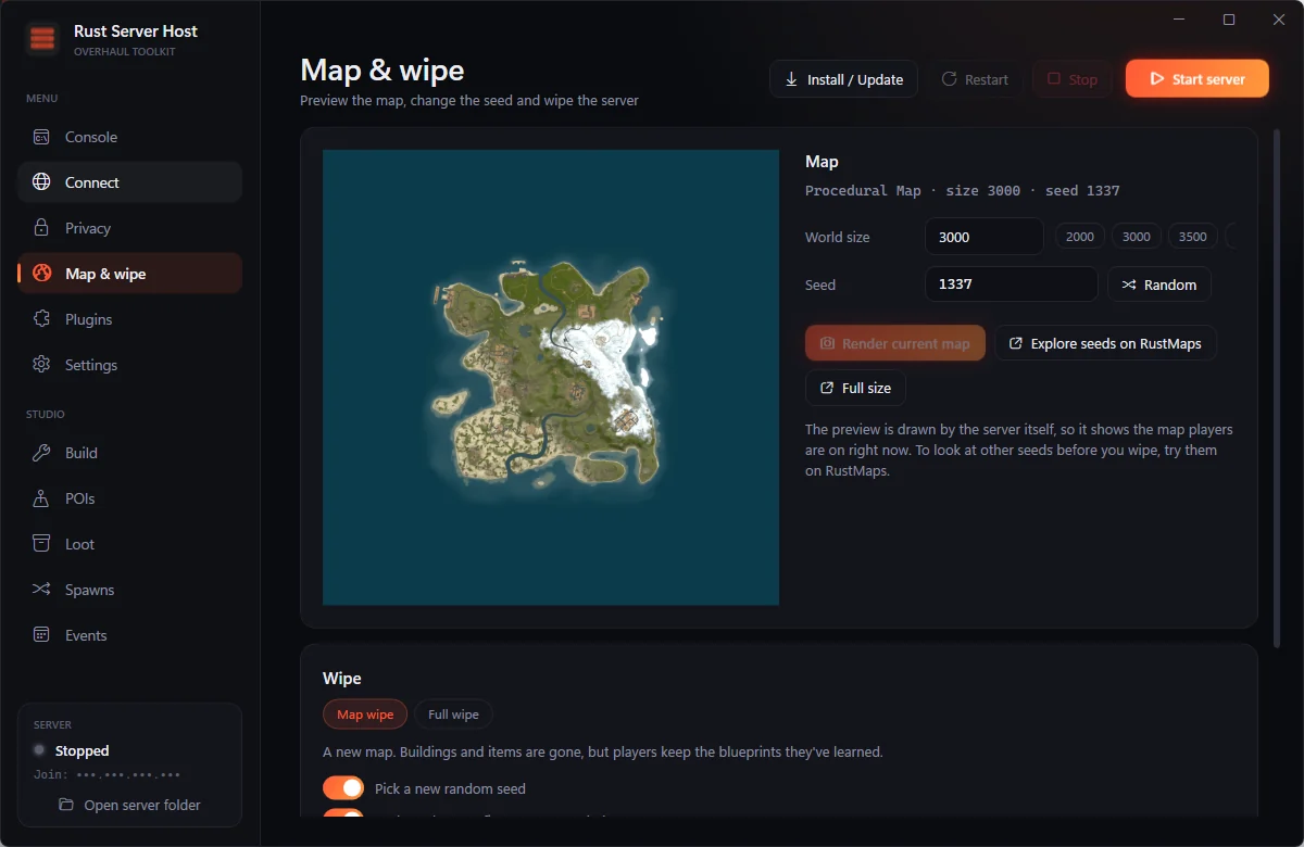 The Map and wipe page: a rendered preview of the server's map beside seed and size settings, with map and full wipe options below.