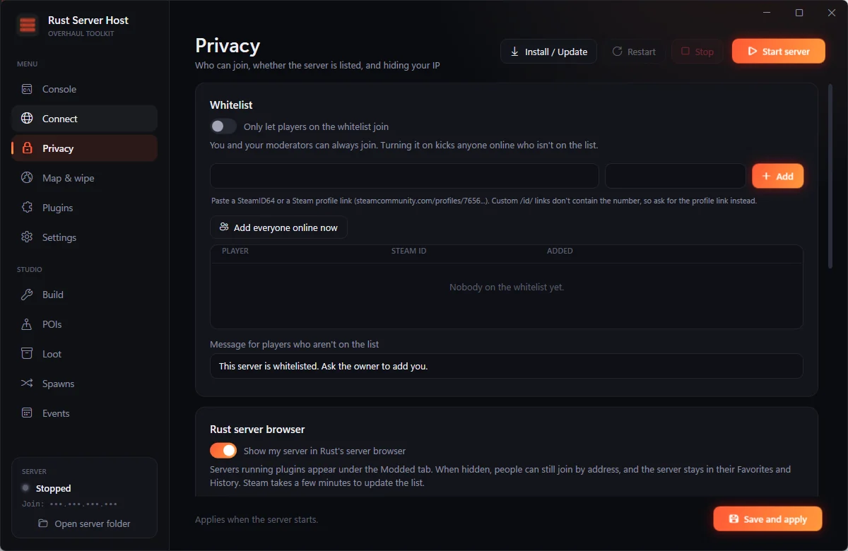 The Privacy page with the whitelist, server browser listing and relay settings.